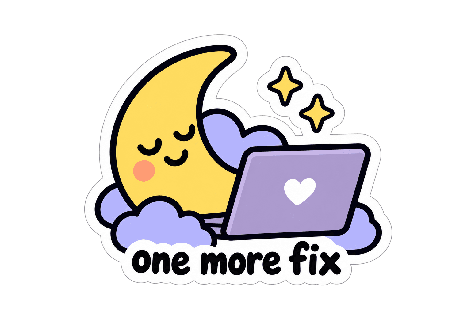 Sleepy yellow moon with a purple laptop and clouds above one more fix lettering