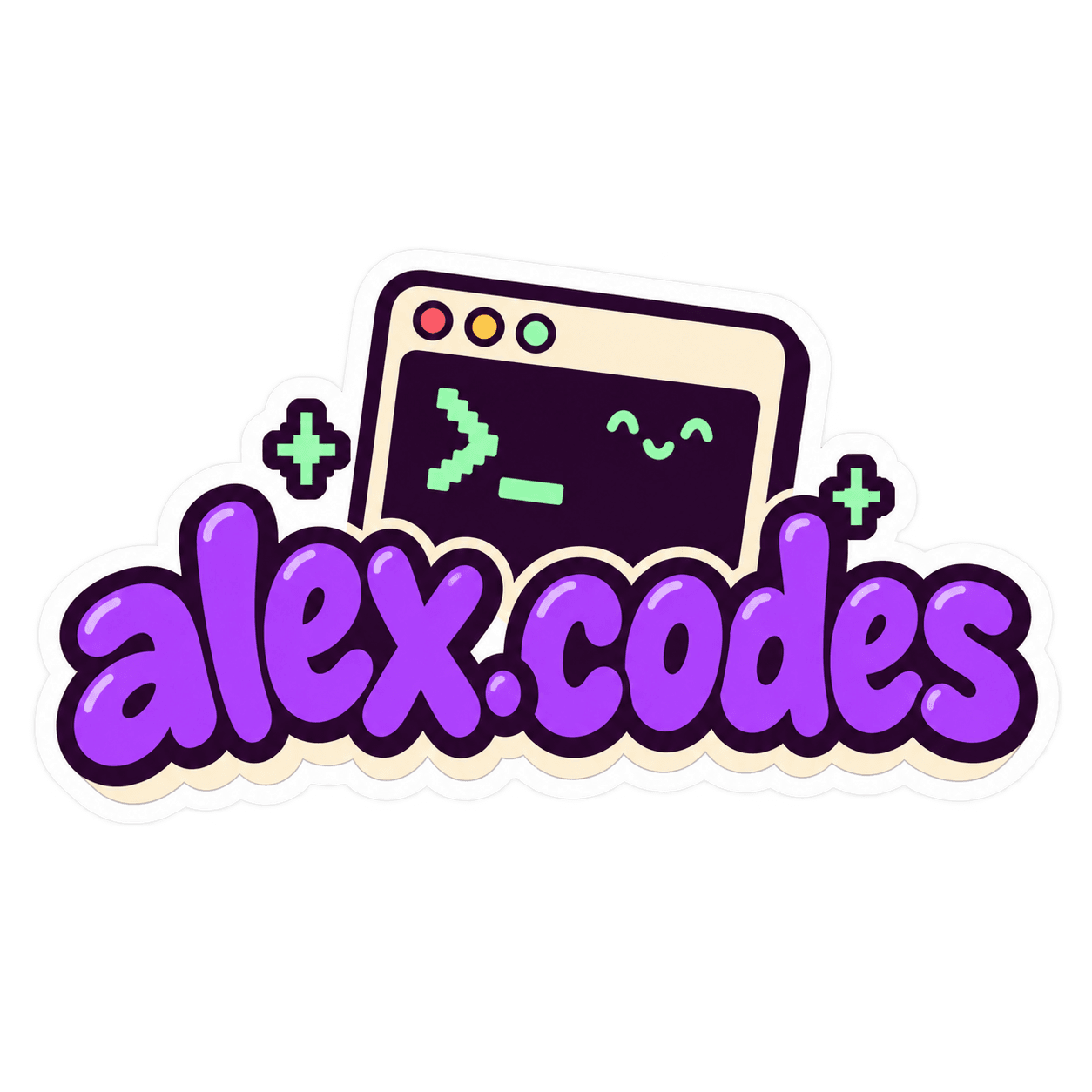 Smiling terminal window with a green prompt above purple alex.codes lettering