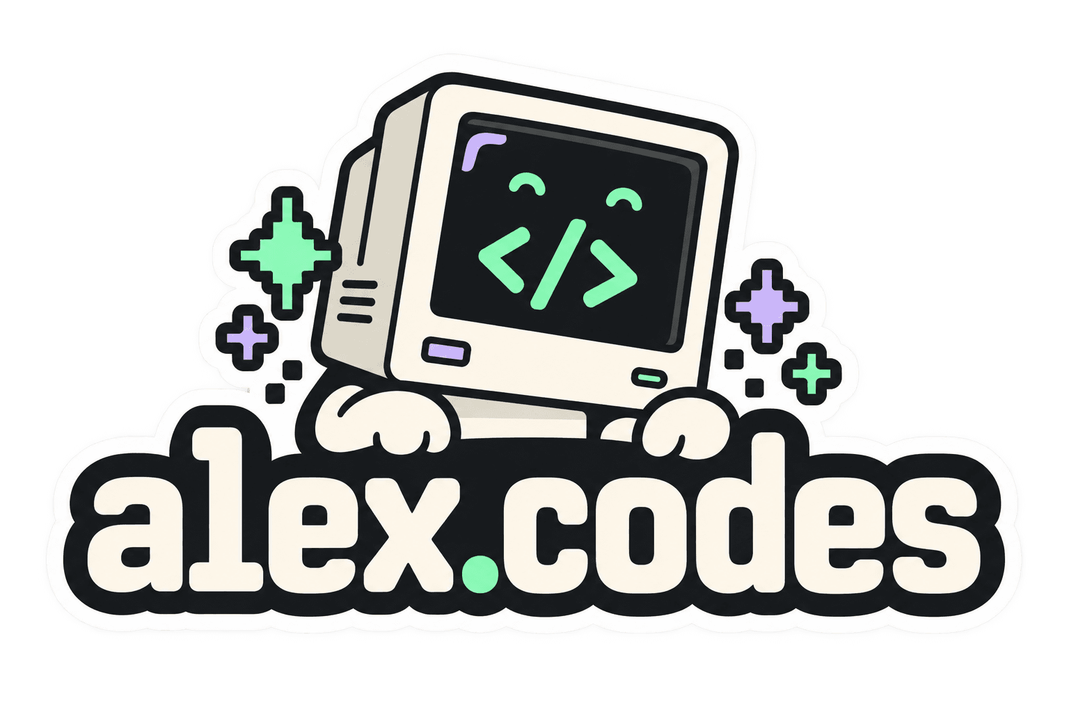 Cream retro computer with a smiling green code face above alex.codes lettering