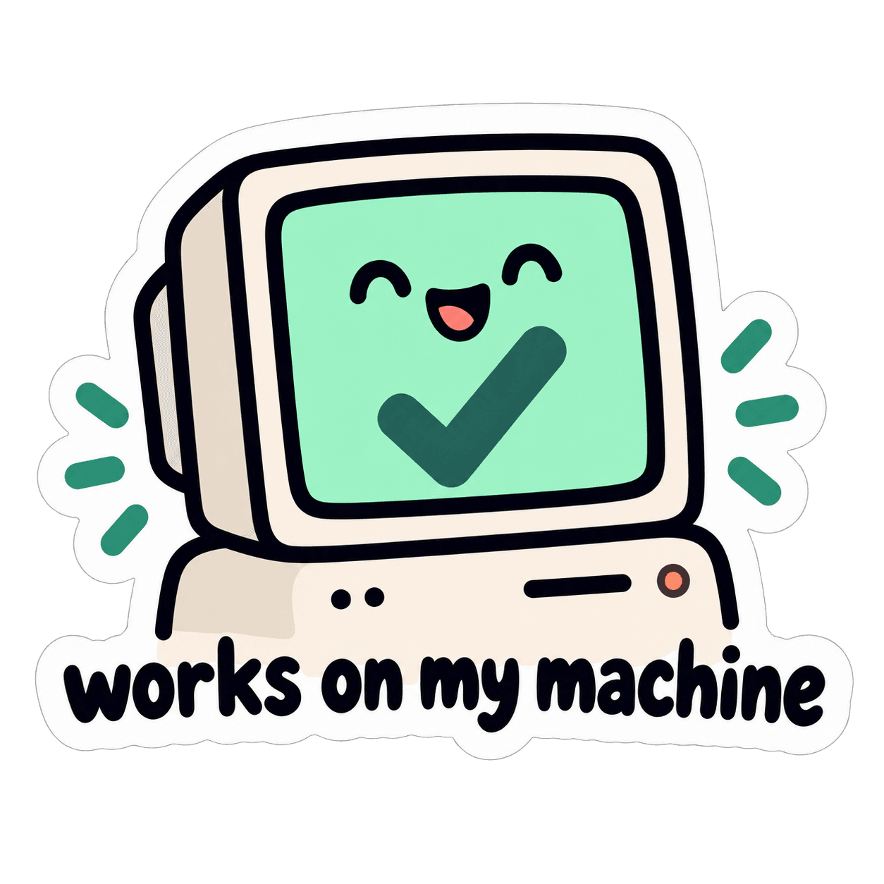 Happy retro computer with a green check mark above works on my machine lettering