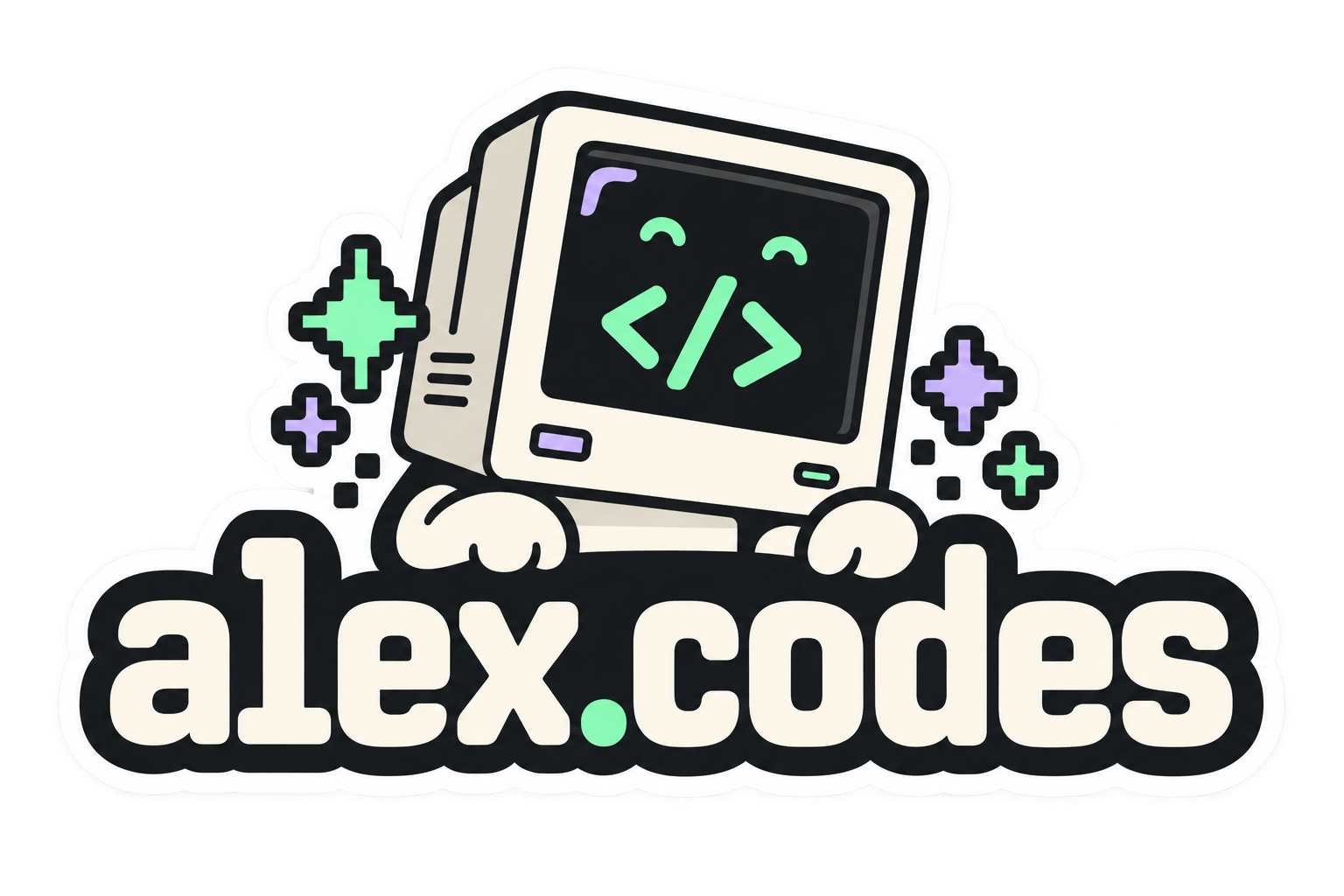 Cream retro computer with a smiling green code face above alex.codes lettering